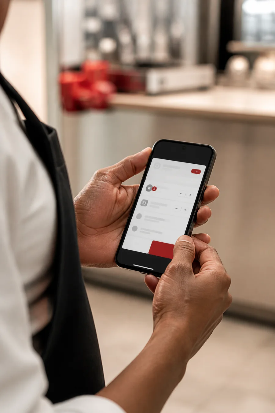 A team member using a handheld work application on a phone