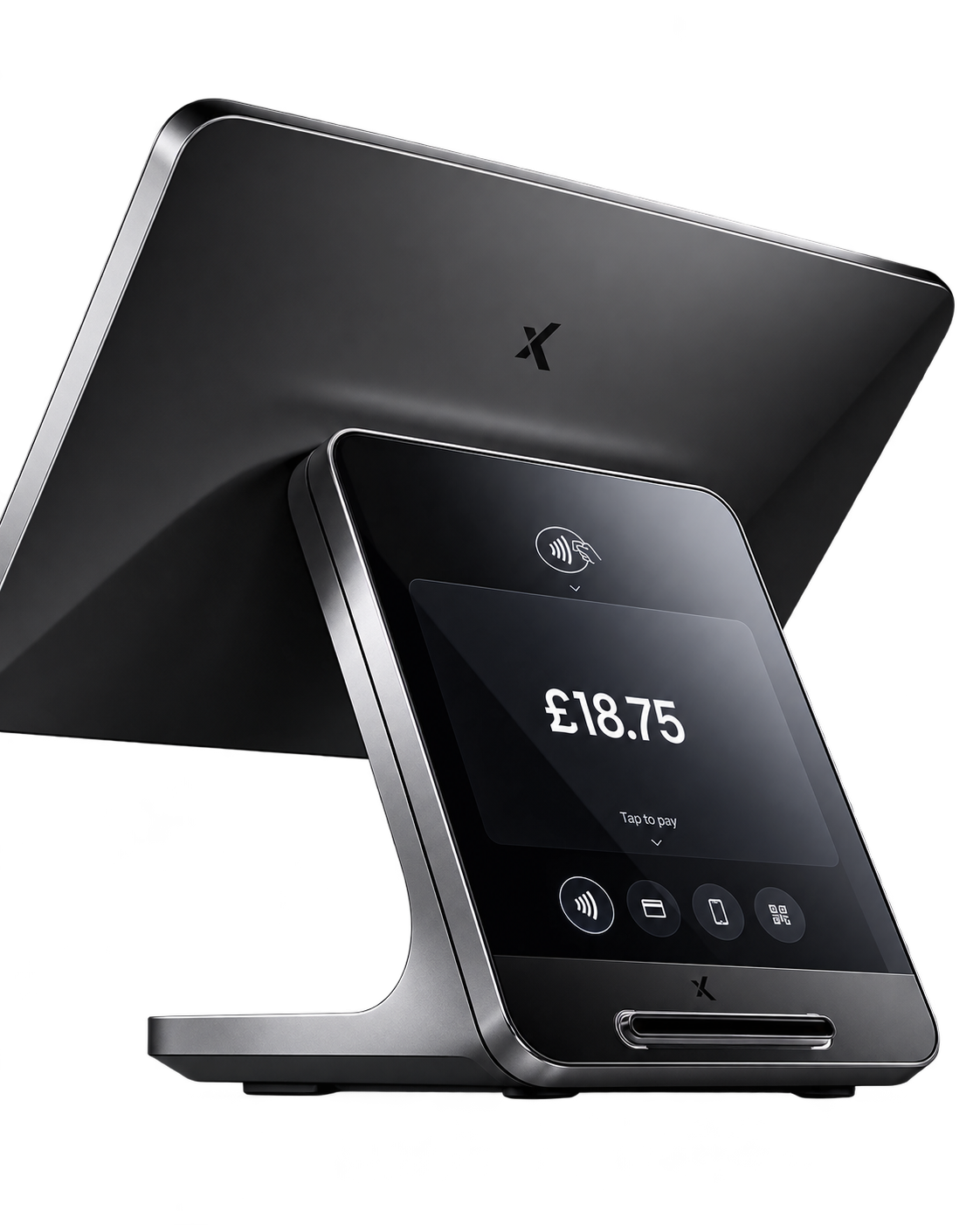 A freestanding touchscreen kiosk with an integrated contactless reader