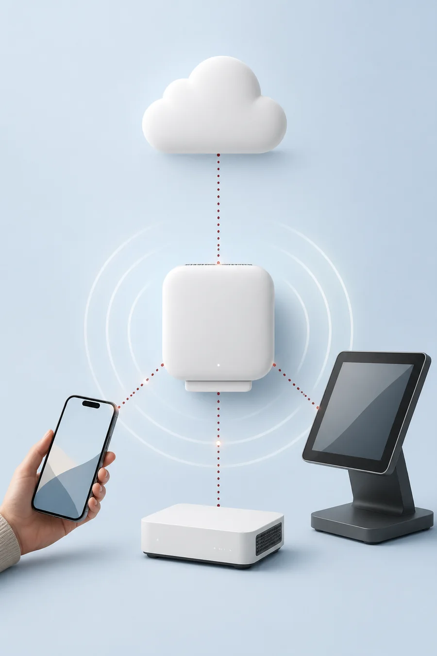 An illustration connecting a phone, kiosk and onsite network to cloud services